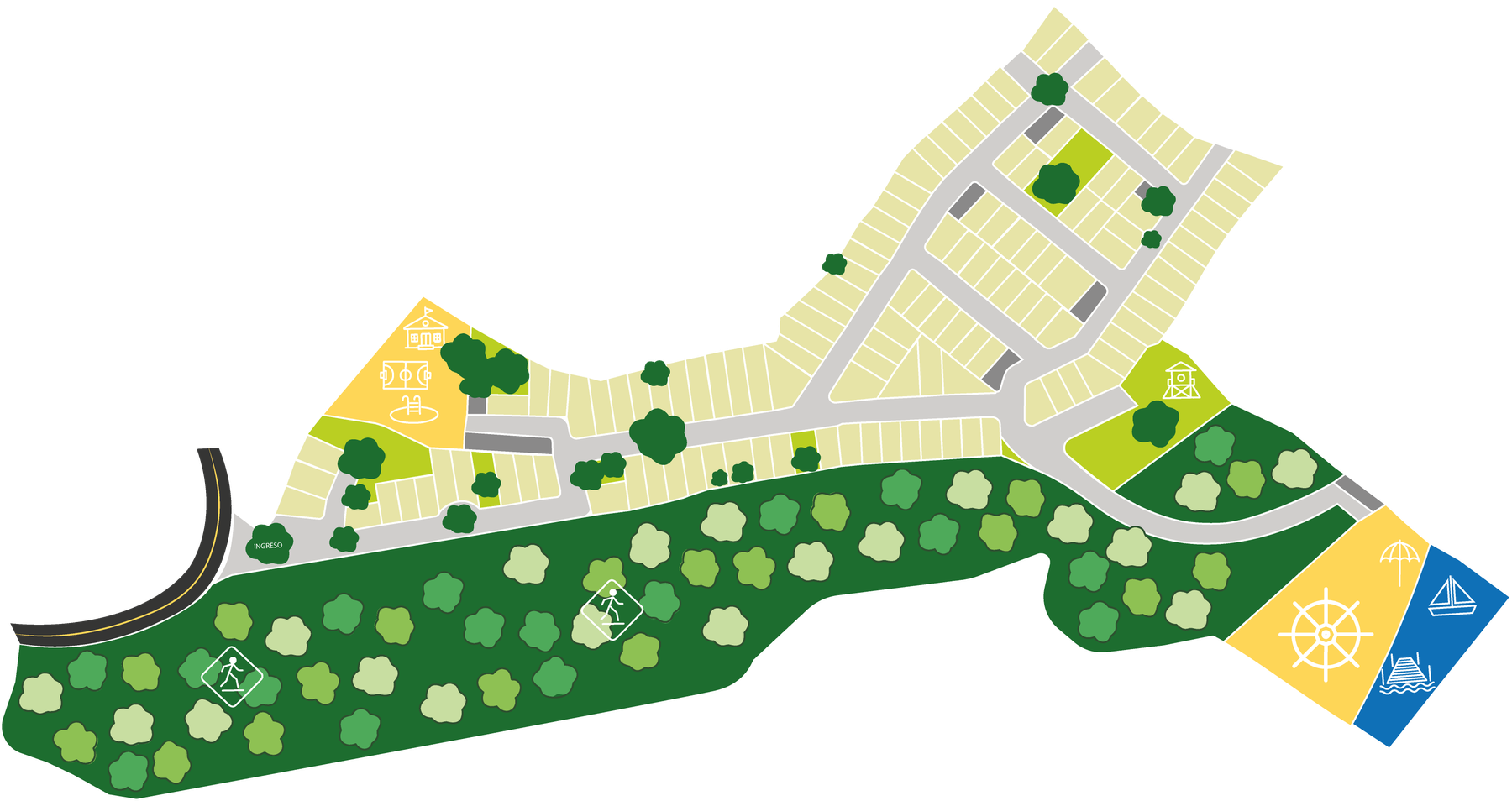 Plano general del condominio: lotes, Casa Club, Mirador, Senderos y Club Náutico